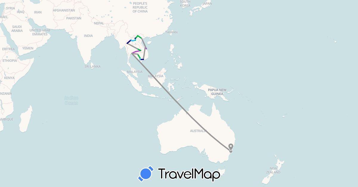 TravelMap itinerary: driving, bus, plane, train, boat in Australia, Cambodia, Laos, Thailand, Vietnam (Asia, Oceania)